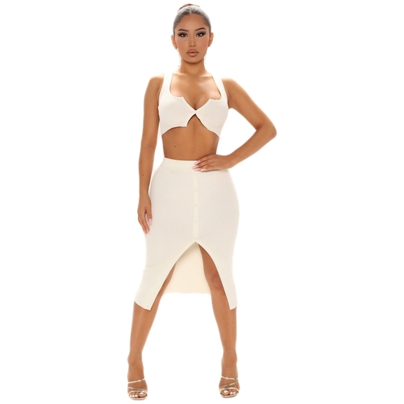 Nova Luxe Ivory Knit Skirt Set – Cropped Sweater + Slit Midi Skirt | NWT - Picture 3 of 11